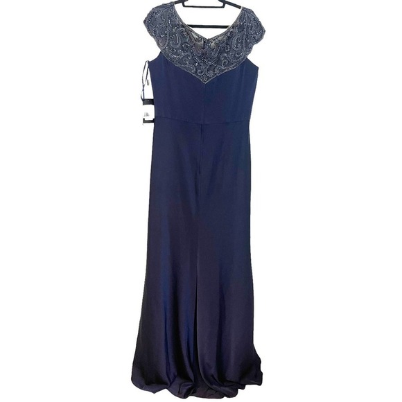 New La Femme Navy Blue Beaded Column Gown Women's Size 16 - Picture 13 of 14